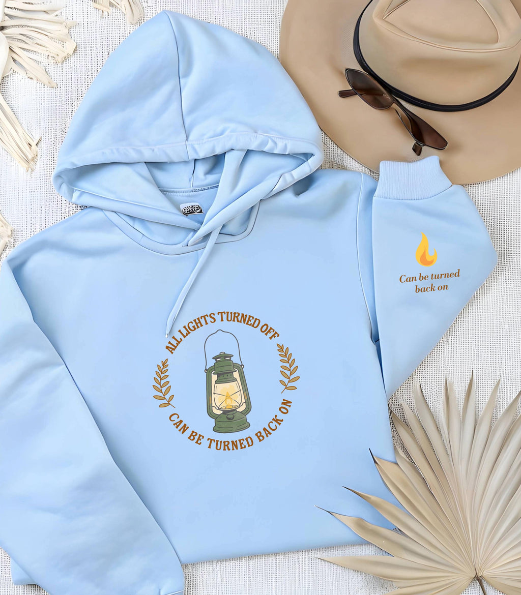 Noah Kahan Inspired hoodie | 'All Lights Turned Off Can Be Turned Back On' Lantern Hood | Sleeve detail
