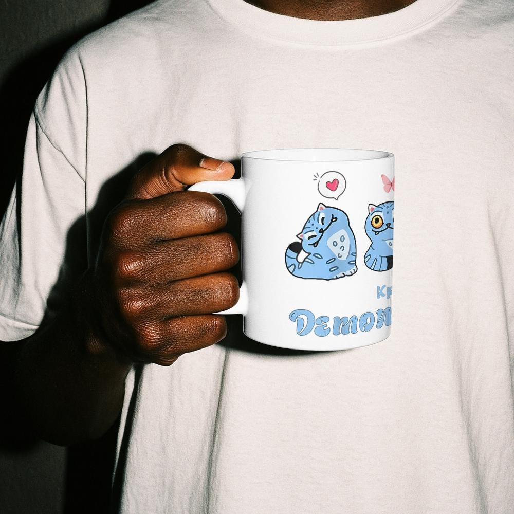 Kpop Demon Hunters Derpy tiger Mug – Blue cat 11oz cup for anime Fans & Cat Lovers