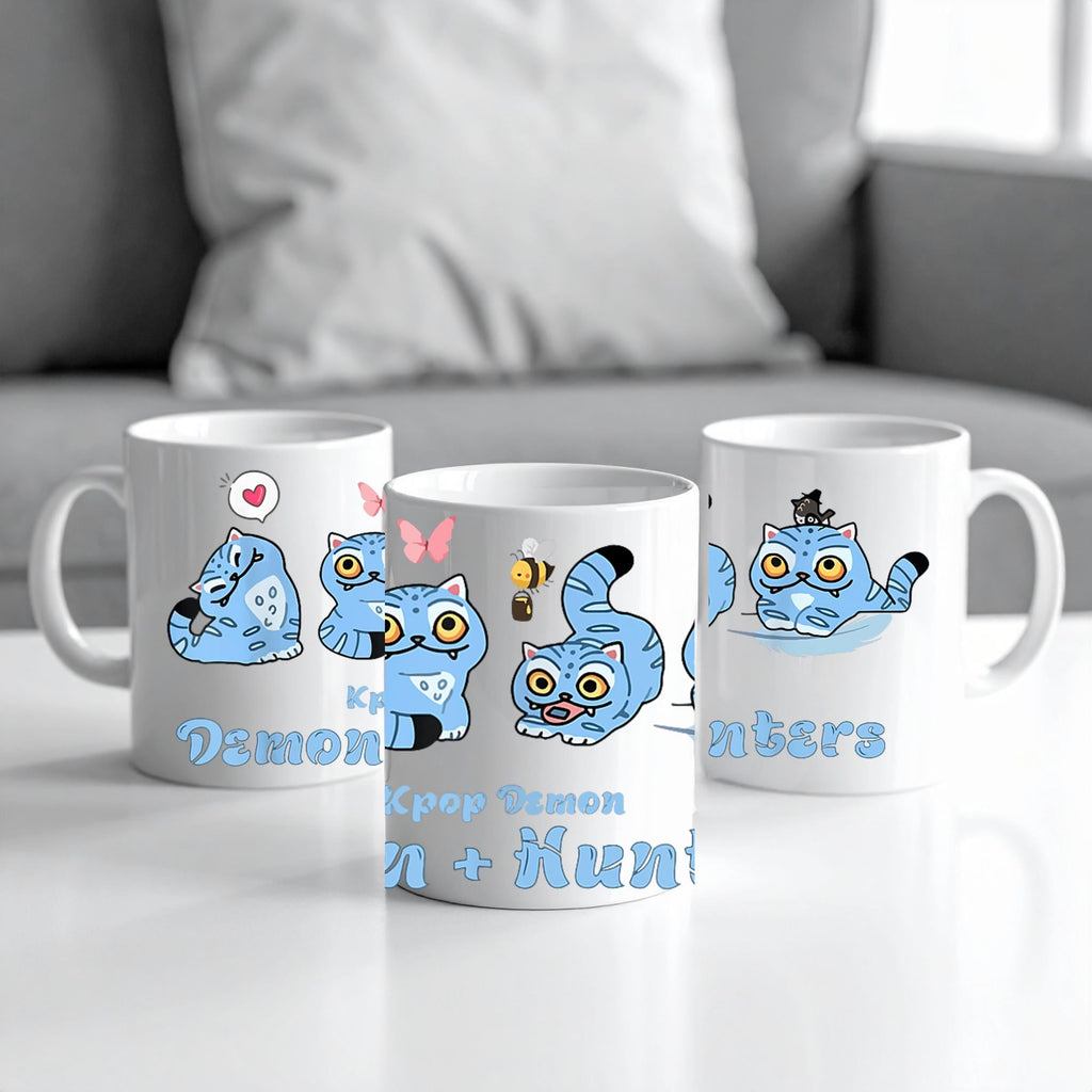 Kpop Demon Hunters Derpy tiger Mug – Blue cat 11oz cup for anime Fans & Cat Lovers