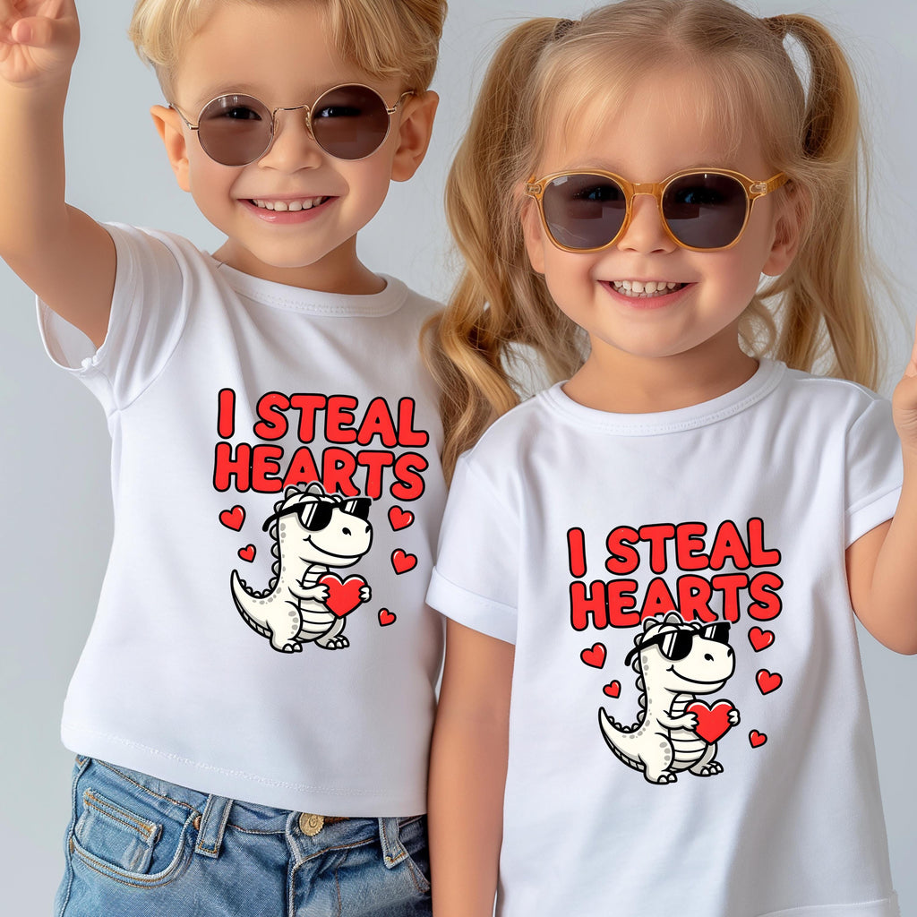 I Steal Hearts Kids T-Shirt | Cute Valentine Dinosaur Shirt | Boys & Girls Tee | Matching Family Outfit | Toddler to Adult Sizes
