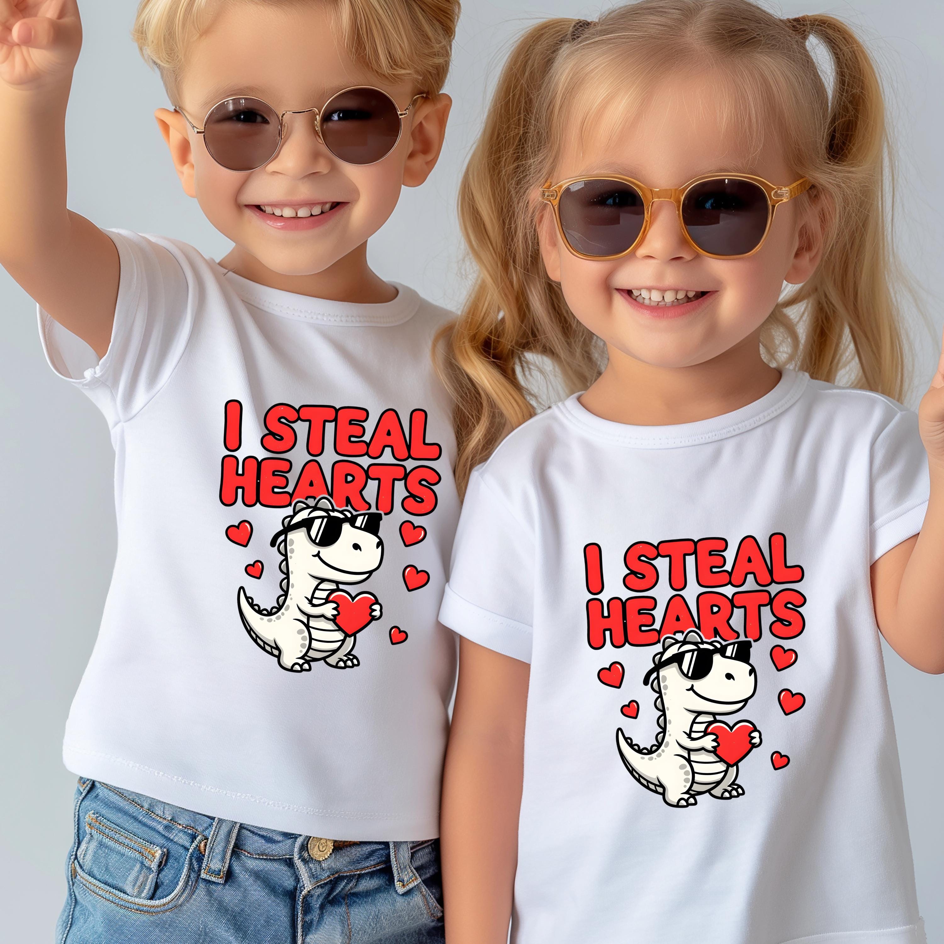 I Steal Hearts Kids T-Shirt | Cute Valentine Dinosaur Shirt | Boys & Girls Tee | Matching Family Outfit | Toddler to Adult Sizes