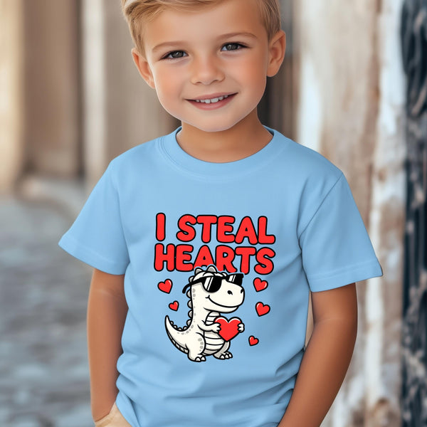 I Steal Hearts Kids T-Shirt | Cute Valentine Dinosaur Shirt | Boys & Girls Tee | Matching Family Outfit | Toddler to Adult Sizes