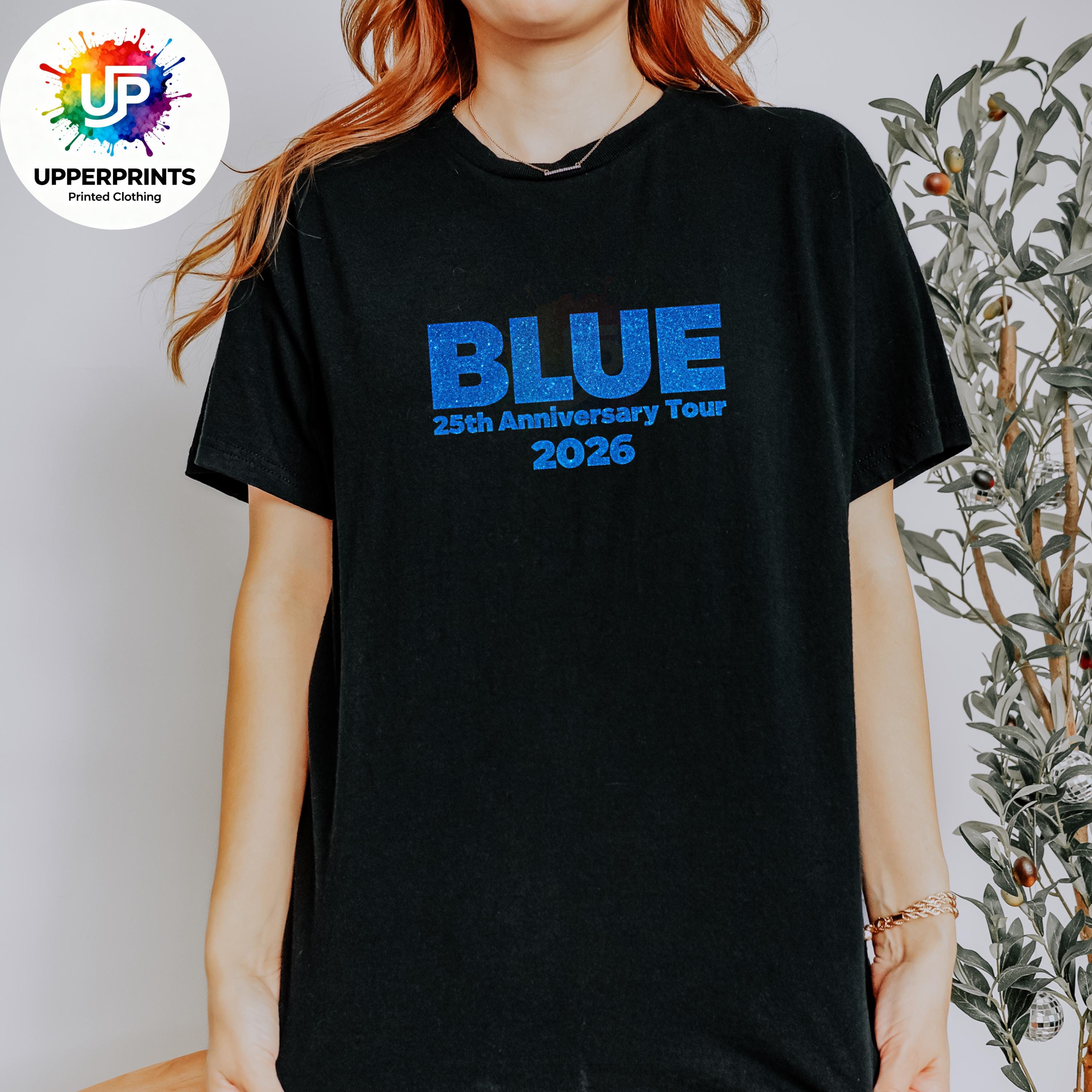 Blue 25th Anniversary Tour 2026 T-Shirt | Glitter Effect Print, Plus Size