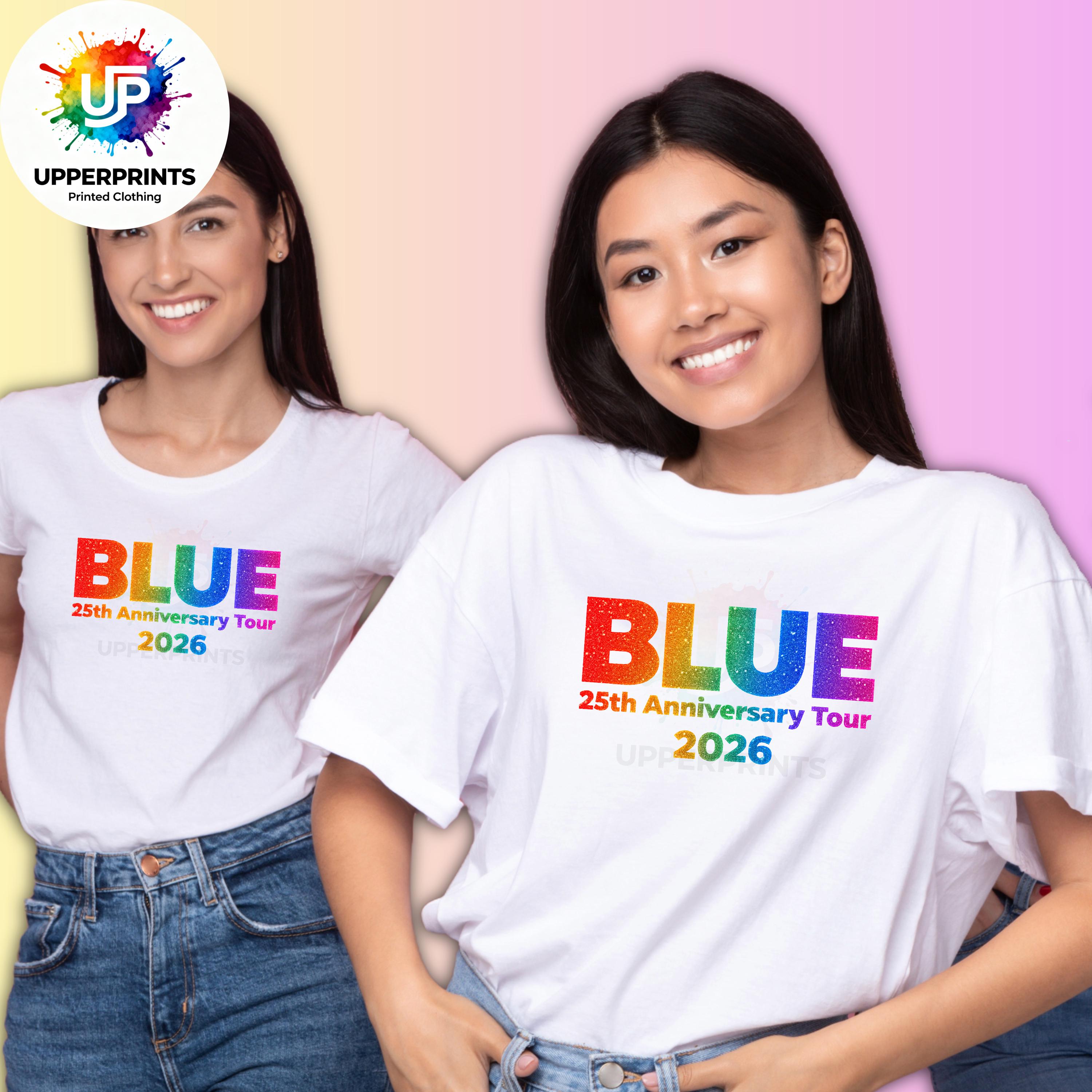 Blue 25th Anniversary Tour 2026 T-Shirt | Rainbow Glitter Effect Print, Plus Size
