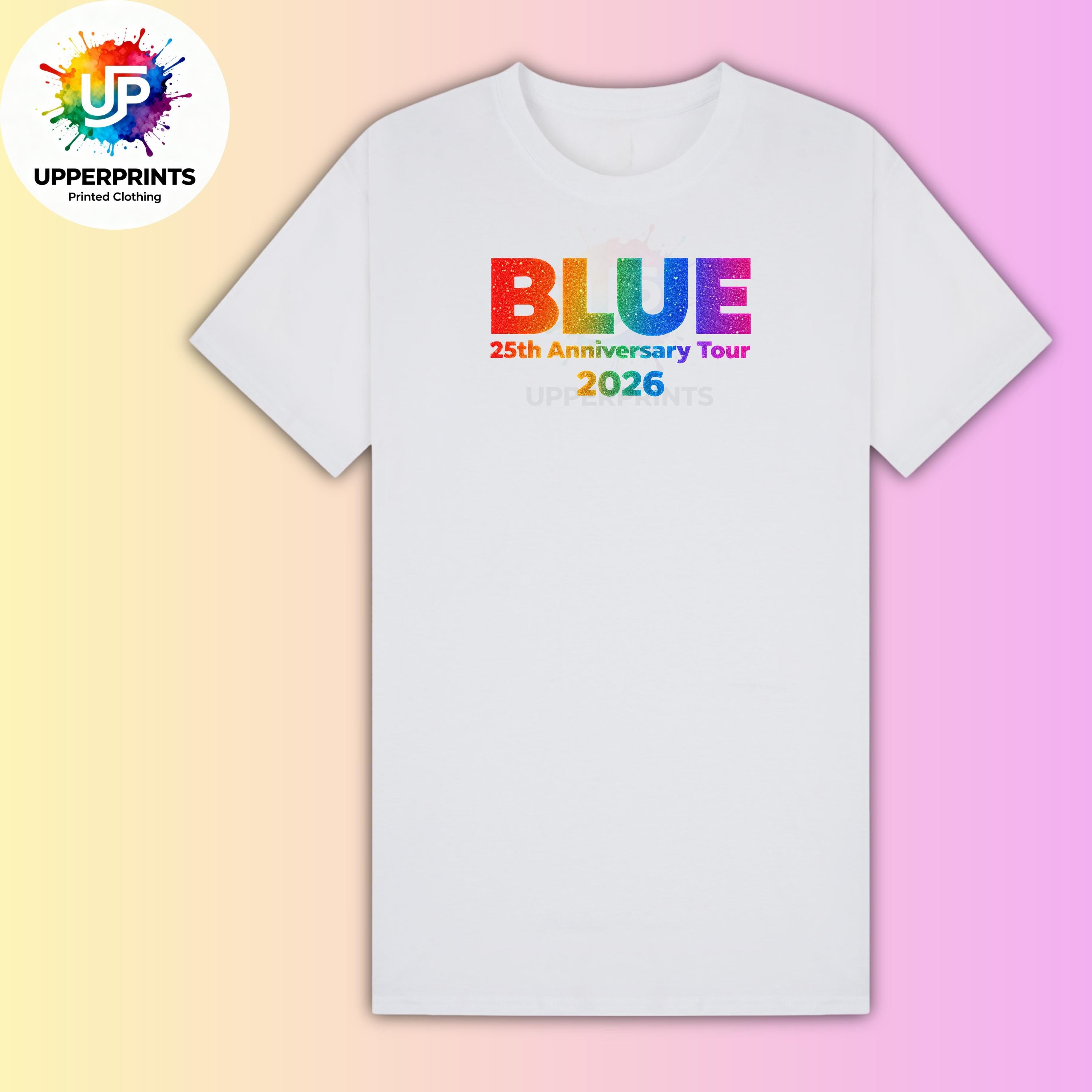 Blue 25th Anniversary Tour 2026 T-Shirt | Rainbow Glitter Effect Print, Plus Size