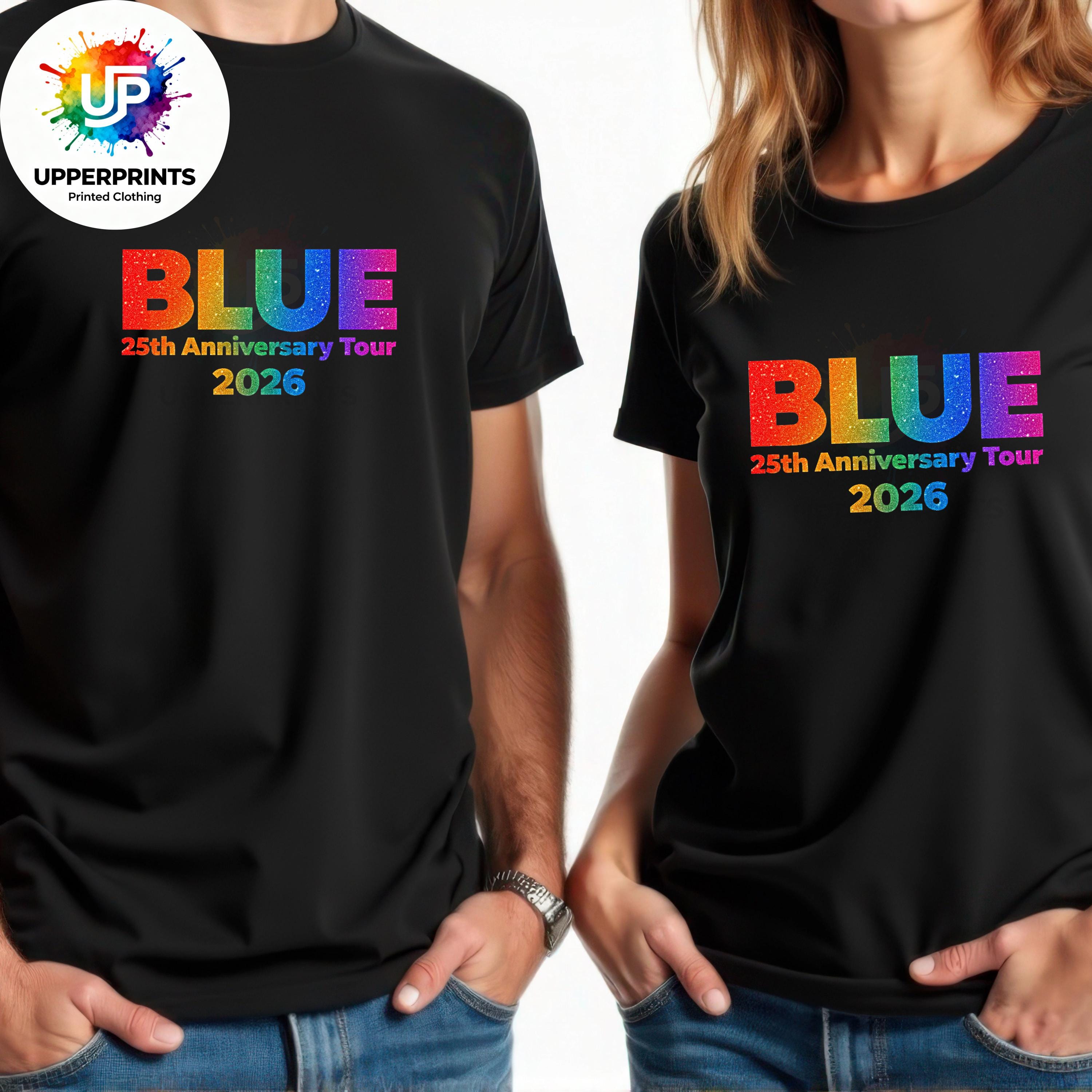 Blue 25th Anniversary Tour 2026 T-Shirt | Rainbow Glitter Effect Print, Plus Size