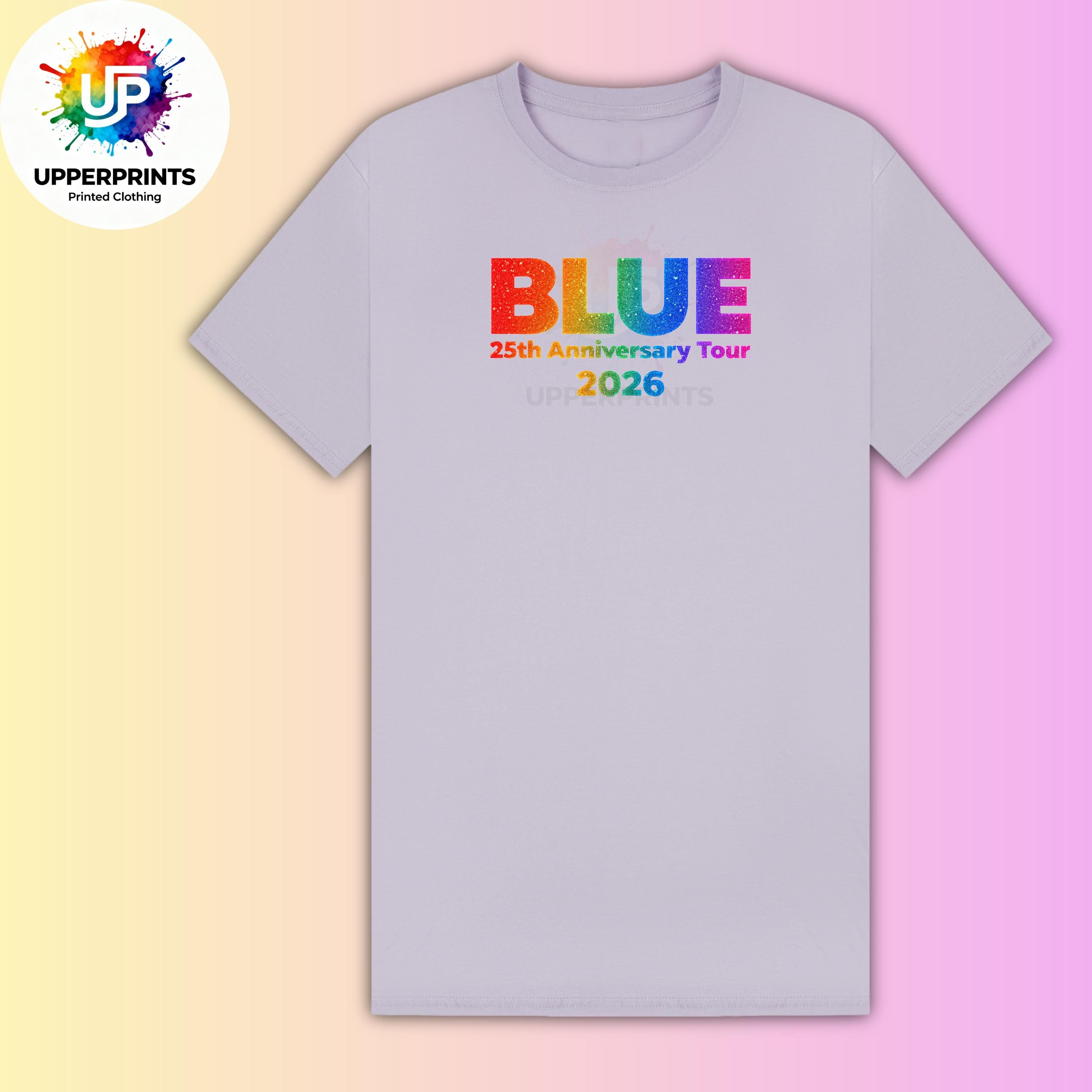 Blue 25th Anniversary Tour 2026 T-Shirt | Rainbow Glitter Effect Print, Plus Size