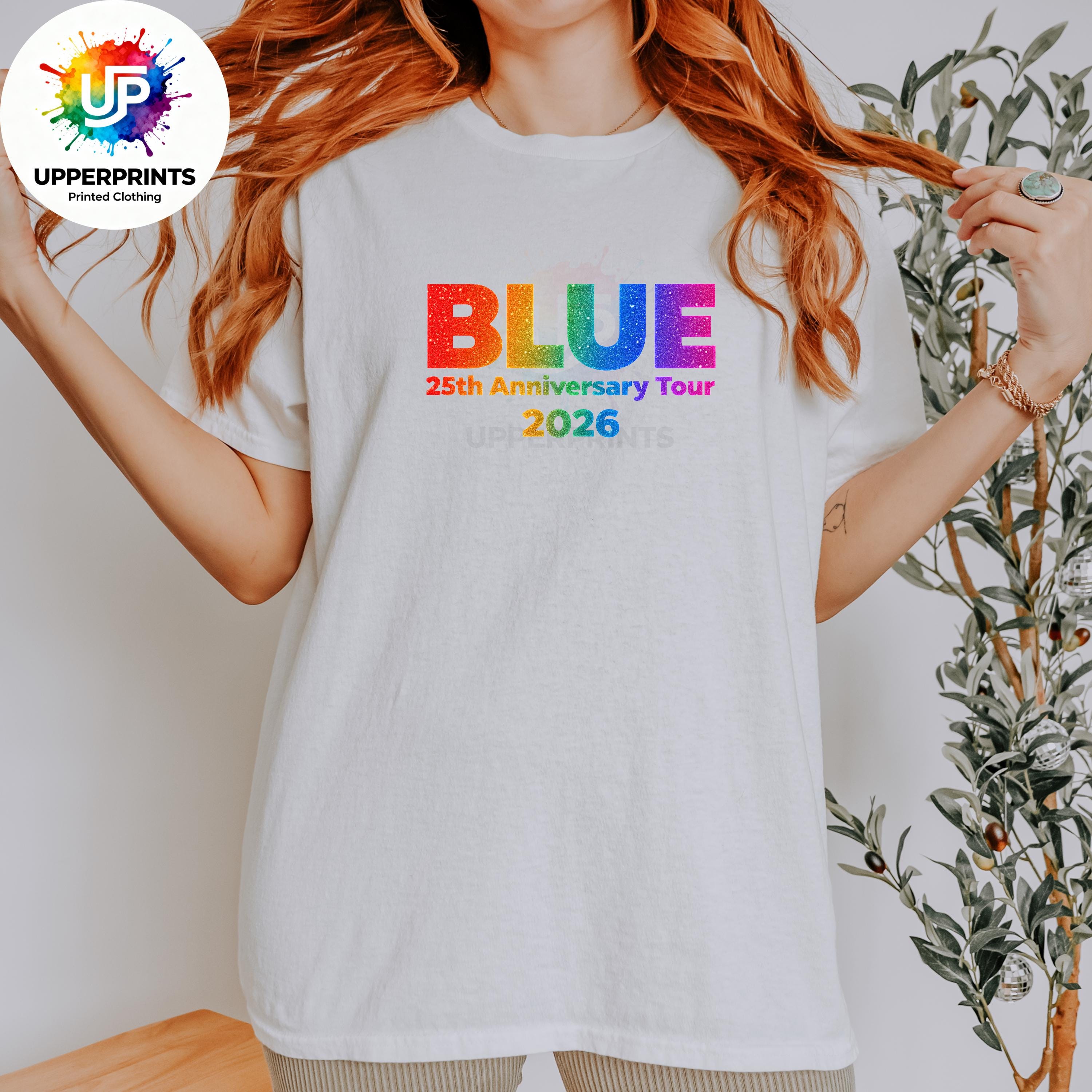 Blue 25th Anniversary Tour 2026 T-Shirt | Rainbow Glitter Effect Print, Plus Size