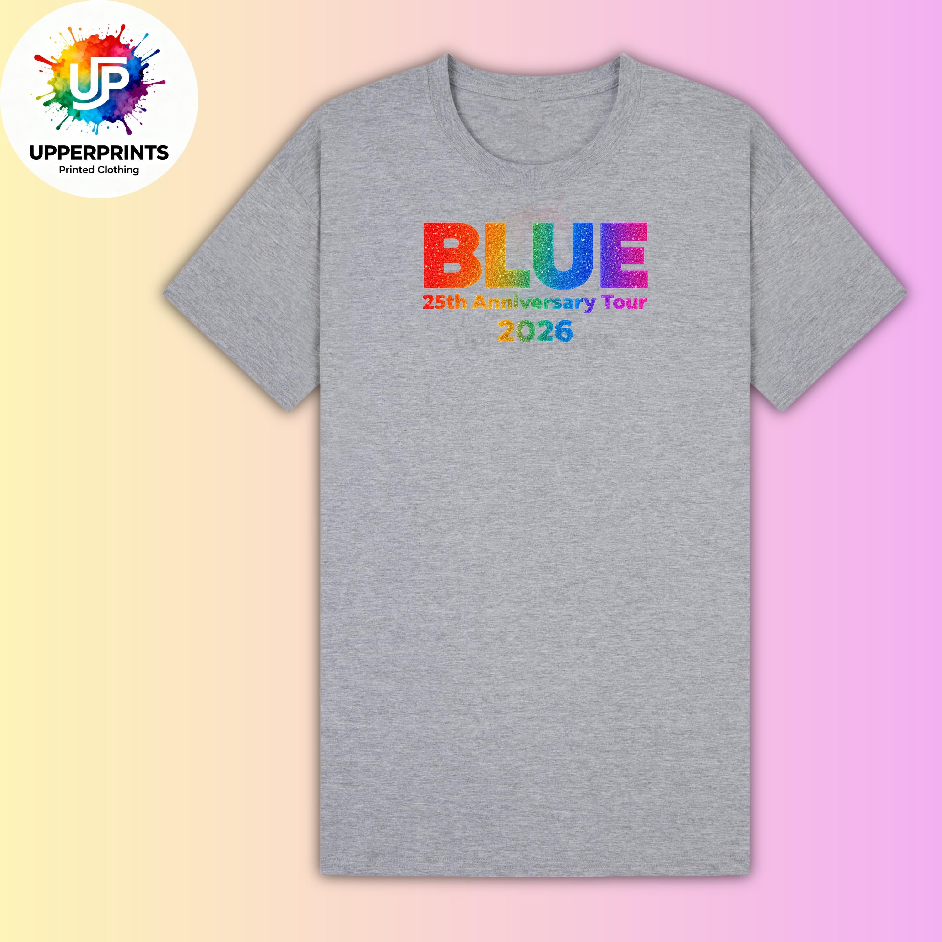Blue 25th Anniversary Tour 2026 T-Shirt | Rainbow Glitter Effect Print, Plus Size