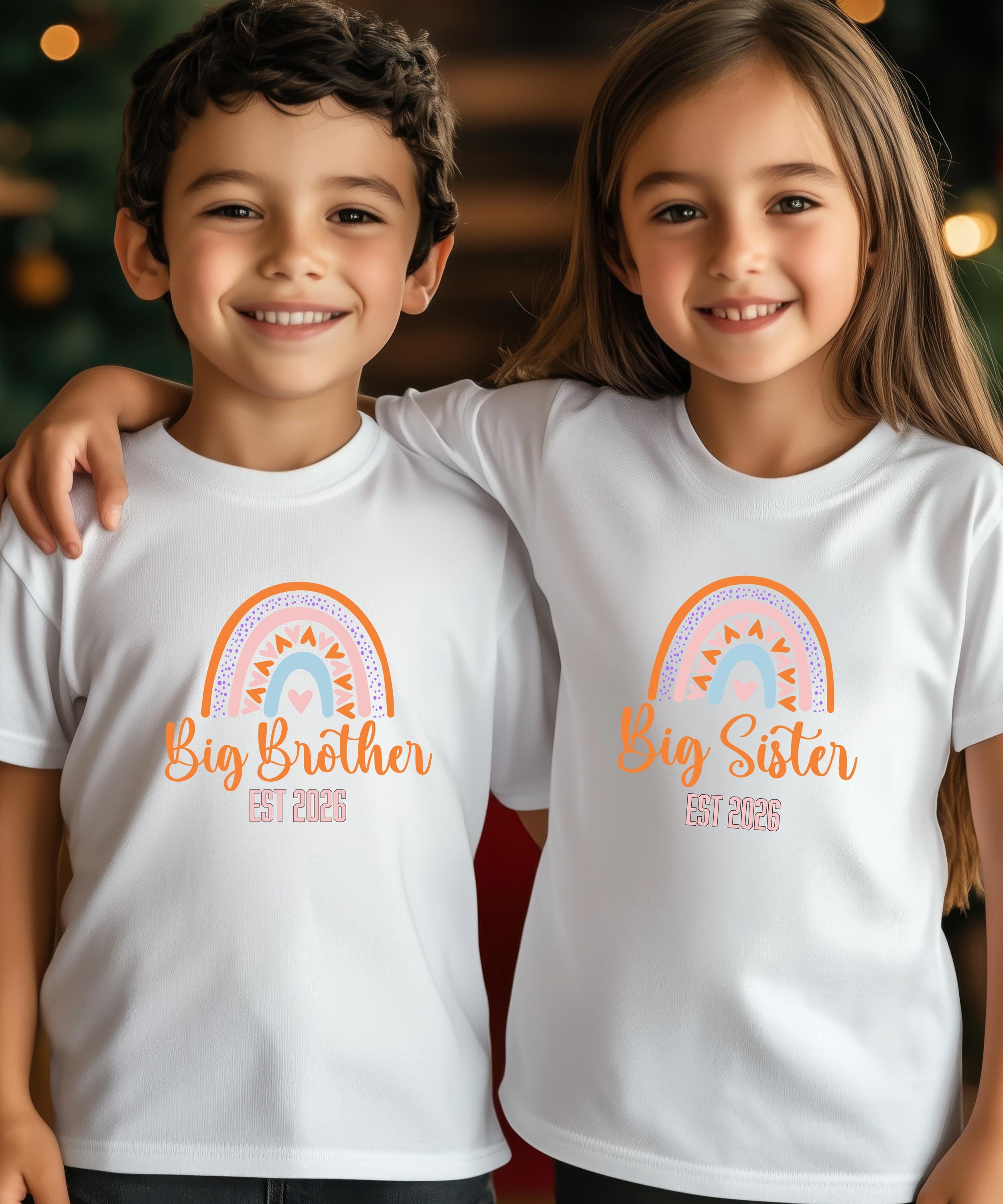 Big Brother/Sister Pregnancy Announcement Shirt – Rainbow Sibling Reveal, EST 2026