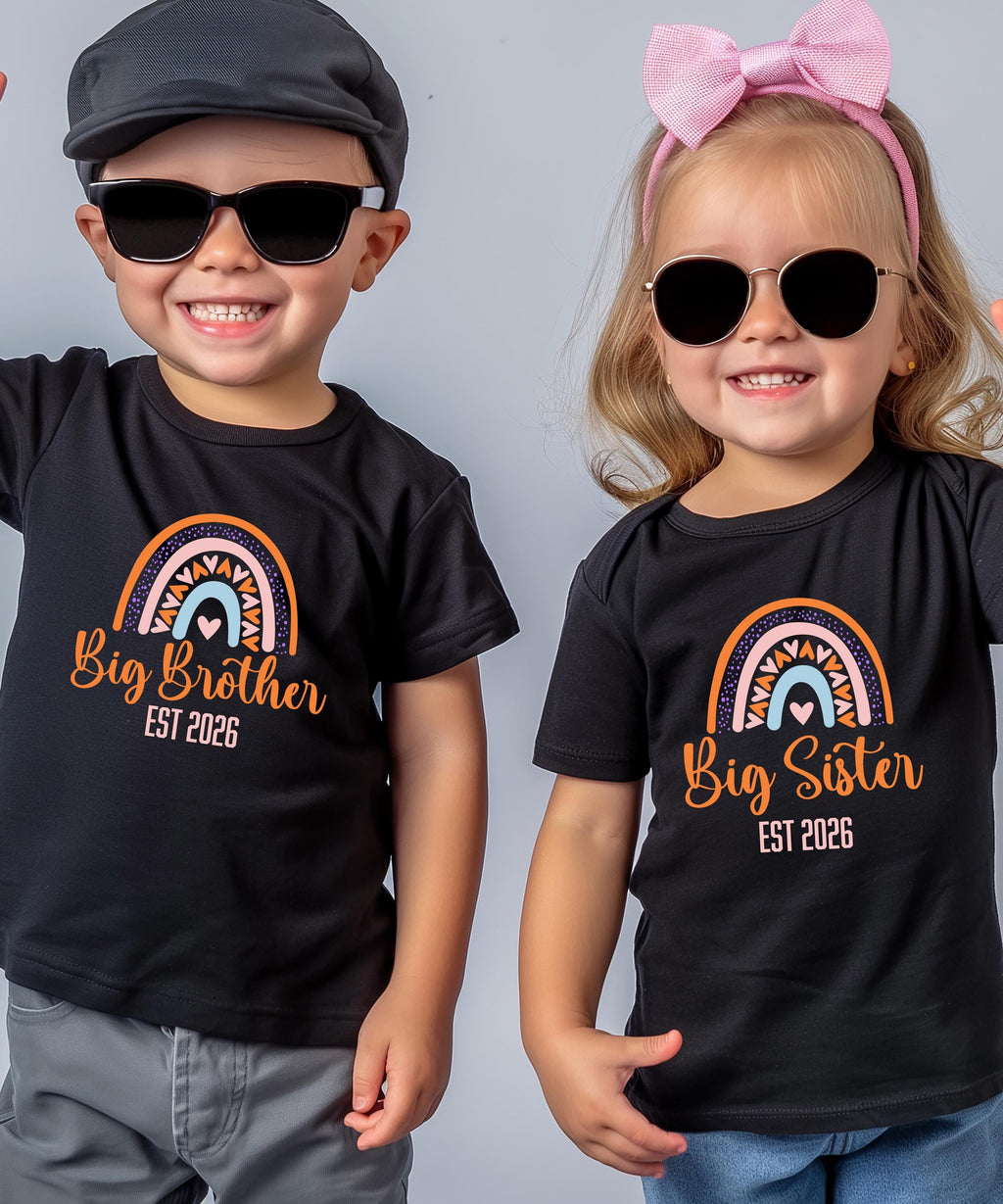 Big Brother/Sister Pregnancy Announcement Shirt – Rainbow Sibling Reveal, EST 2026