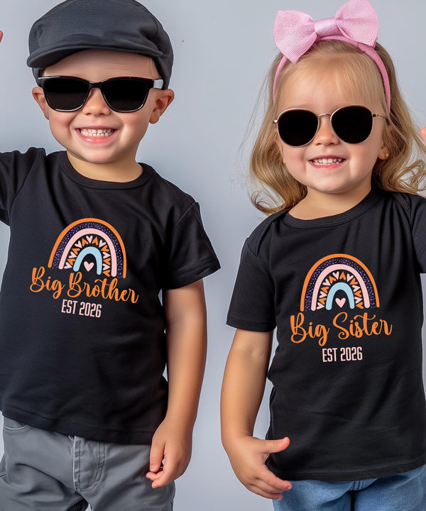Big Brother/Sister Pregnancy Announcement Shirt – Rainbow Sibling Reveal, EST 2026